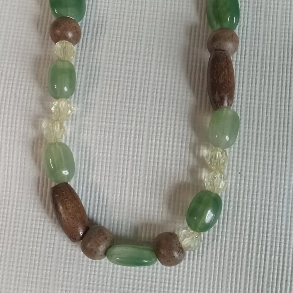 Green and Brown Plastic with Wood Beaded Long Adjustable Single Strand Necklace